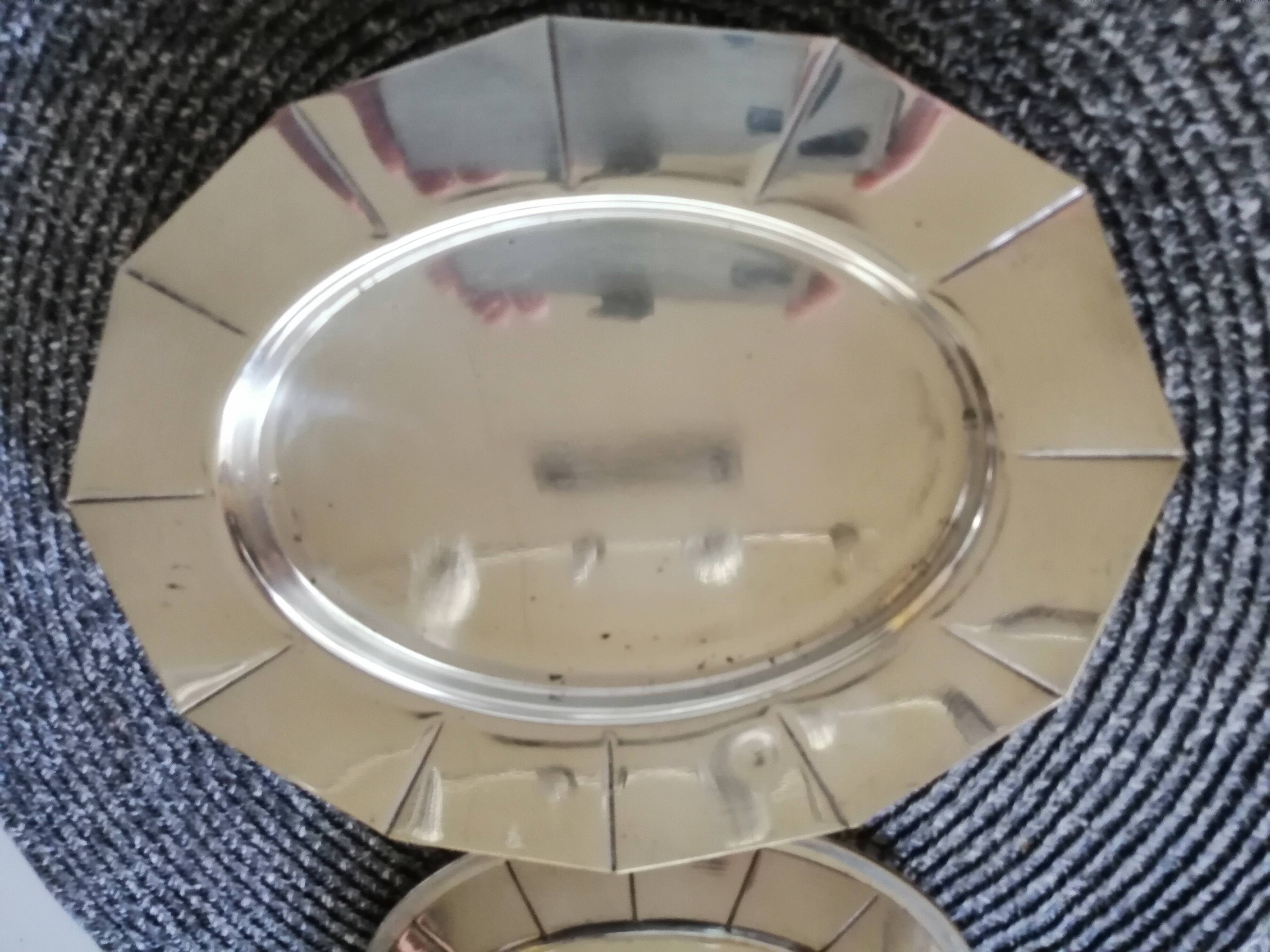 Glass sugar on art deco silver tray