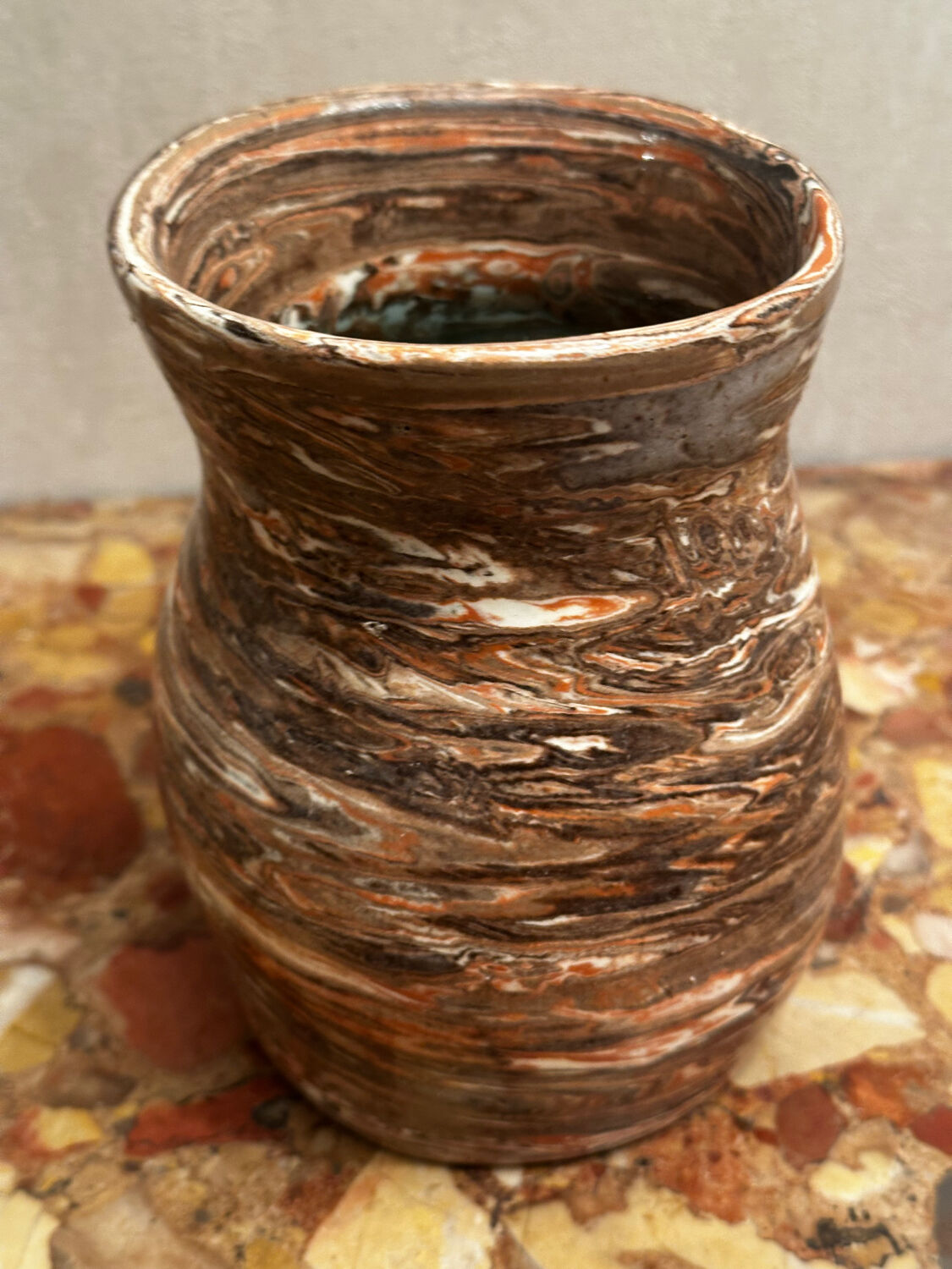 Small Vintage Marbled Terracotta Vase signed Bethany H 15.5 cm