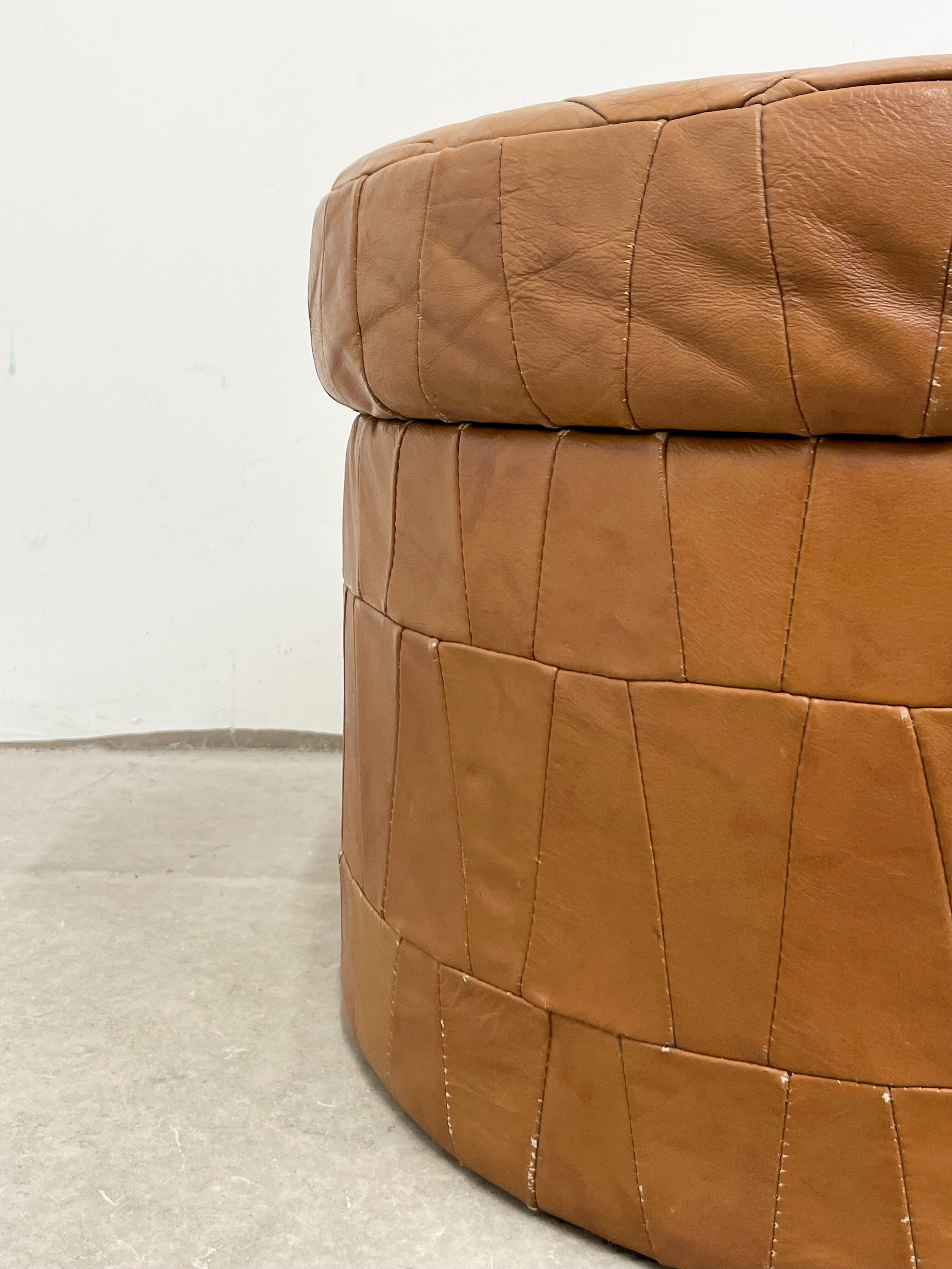 Brown leather patchwork storage pouffe