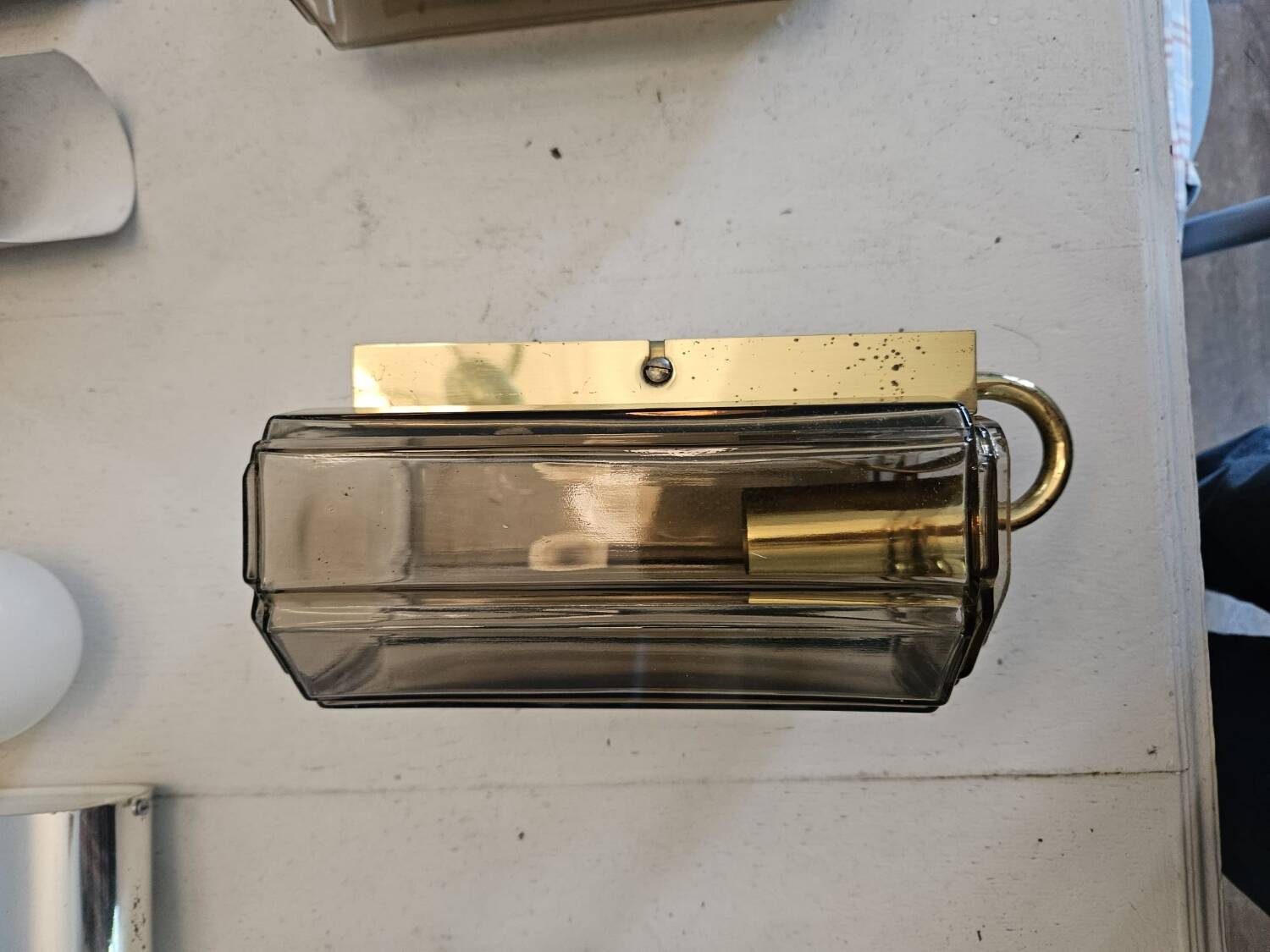 Pair of glass and brass wall lights, 1960s.