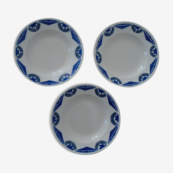 3 Assiettes faience ancienne Badonviller motis art déco bleu et gris