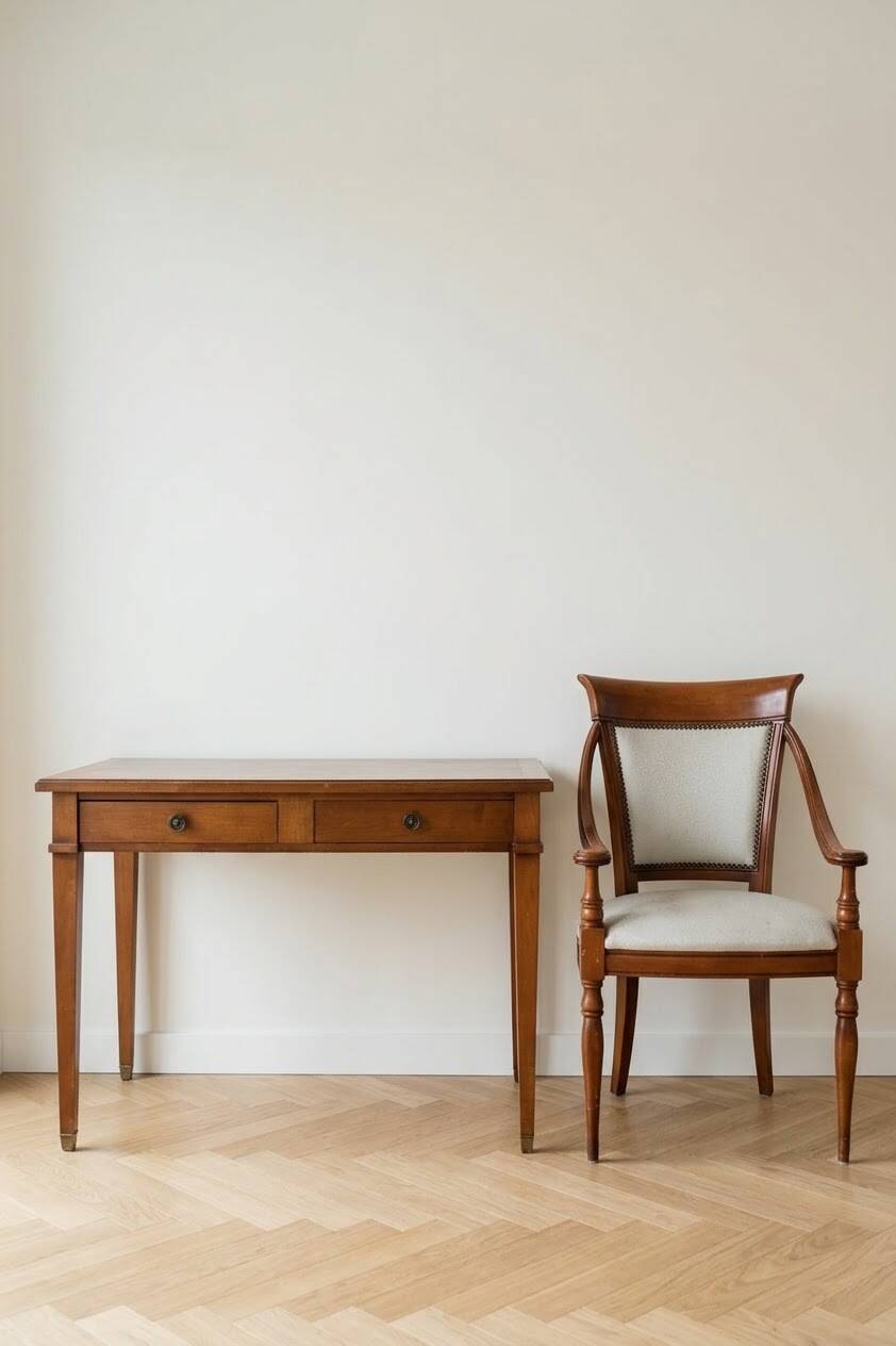 Antique office set: wooden table and matching armchair.