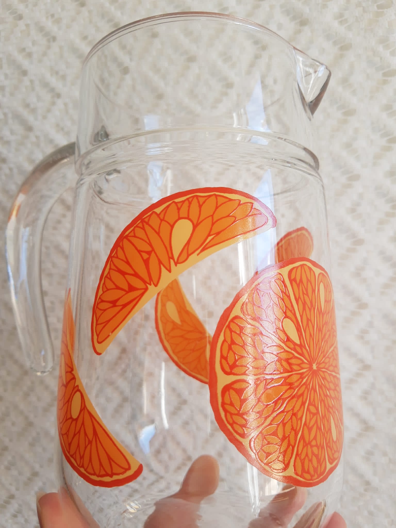 Vintage orange fruit pattern glass carafe