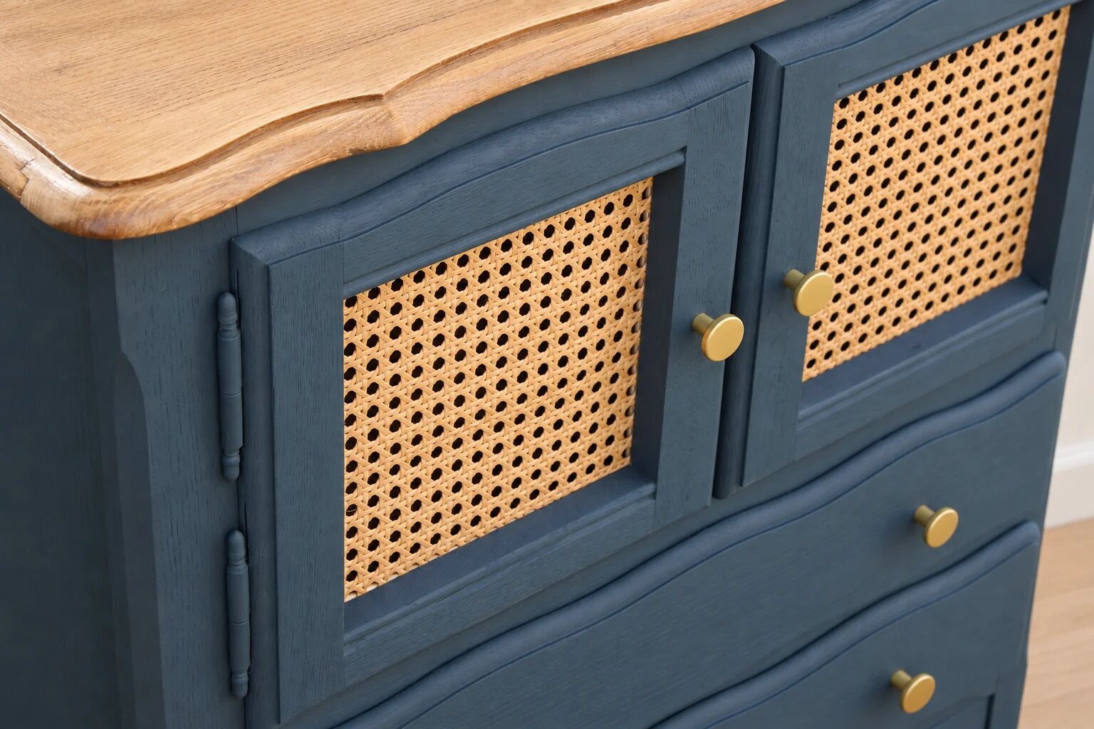Small renovated vintage buffet in blue from Vosges, Libéron and caning – 2 doors, 2 drawers