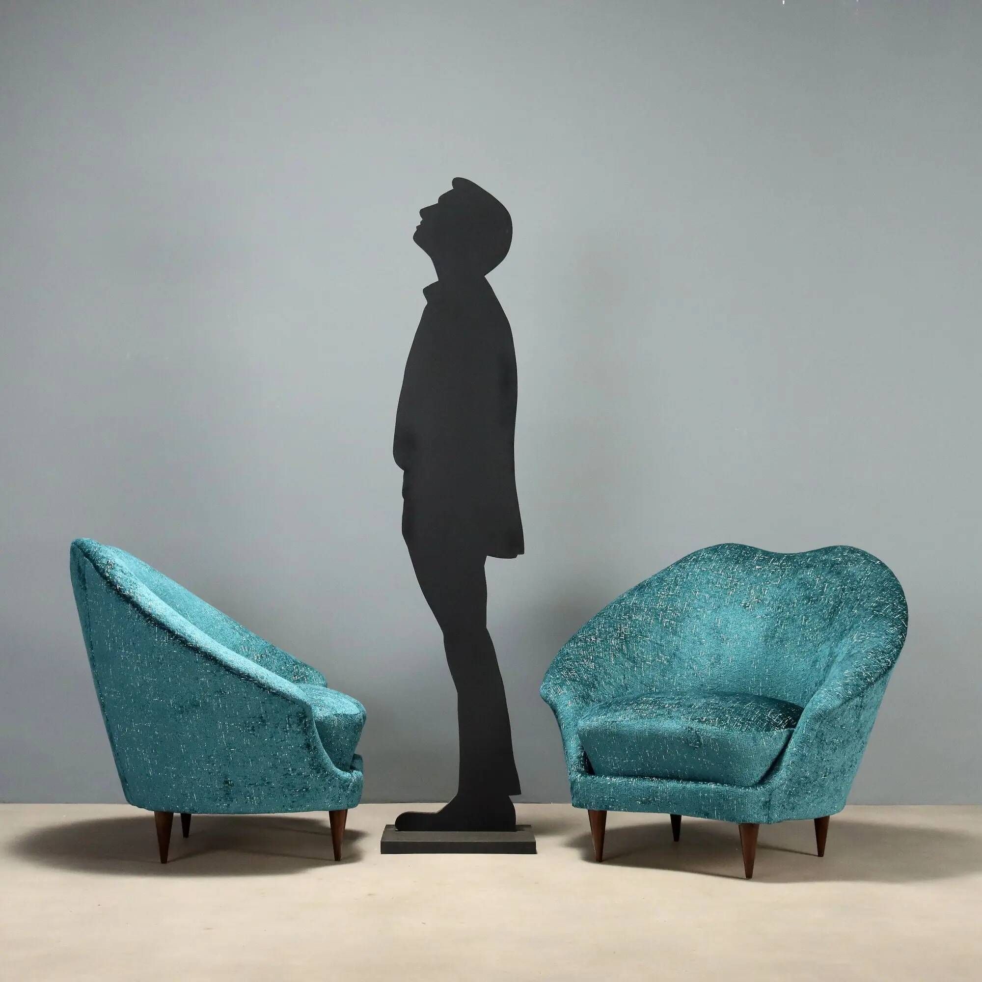 Pair of vintage armchairs in blue fabric and beech, Italy, 1950s