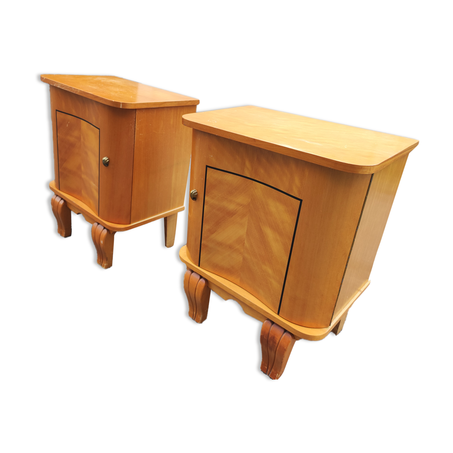 Pair of vintage curved wood bedside tables art deco style