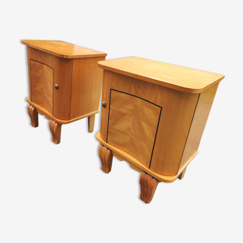 Pair of vintage curved wood bedside tables art deco style