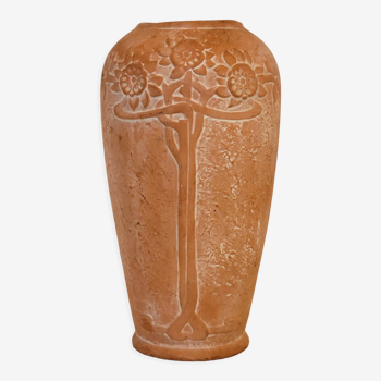 Terracotta vase sunflower decoration 1910, art nouveau