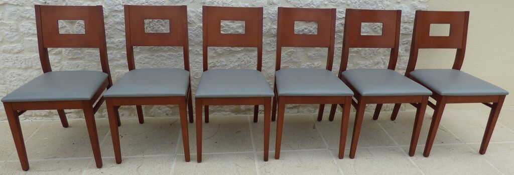 Set of 6 cherry wood style chairs with gray imitation leather seat