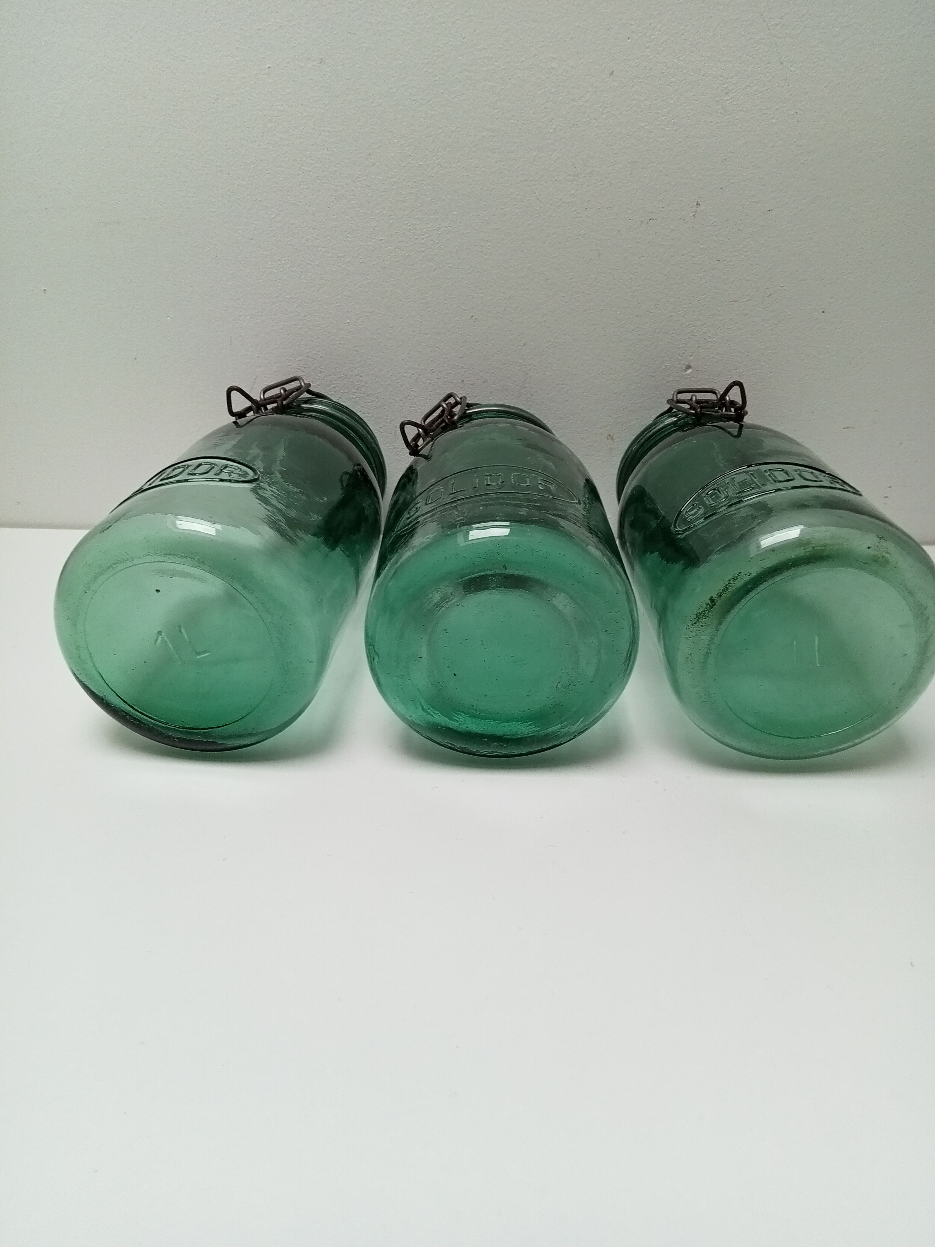 Set of 3 old green jars "solidor"