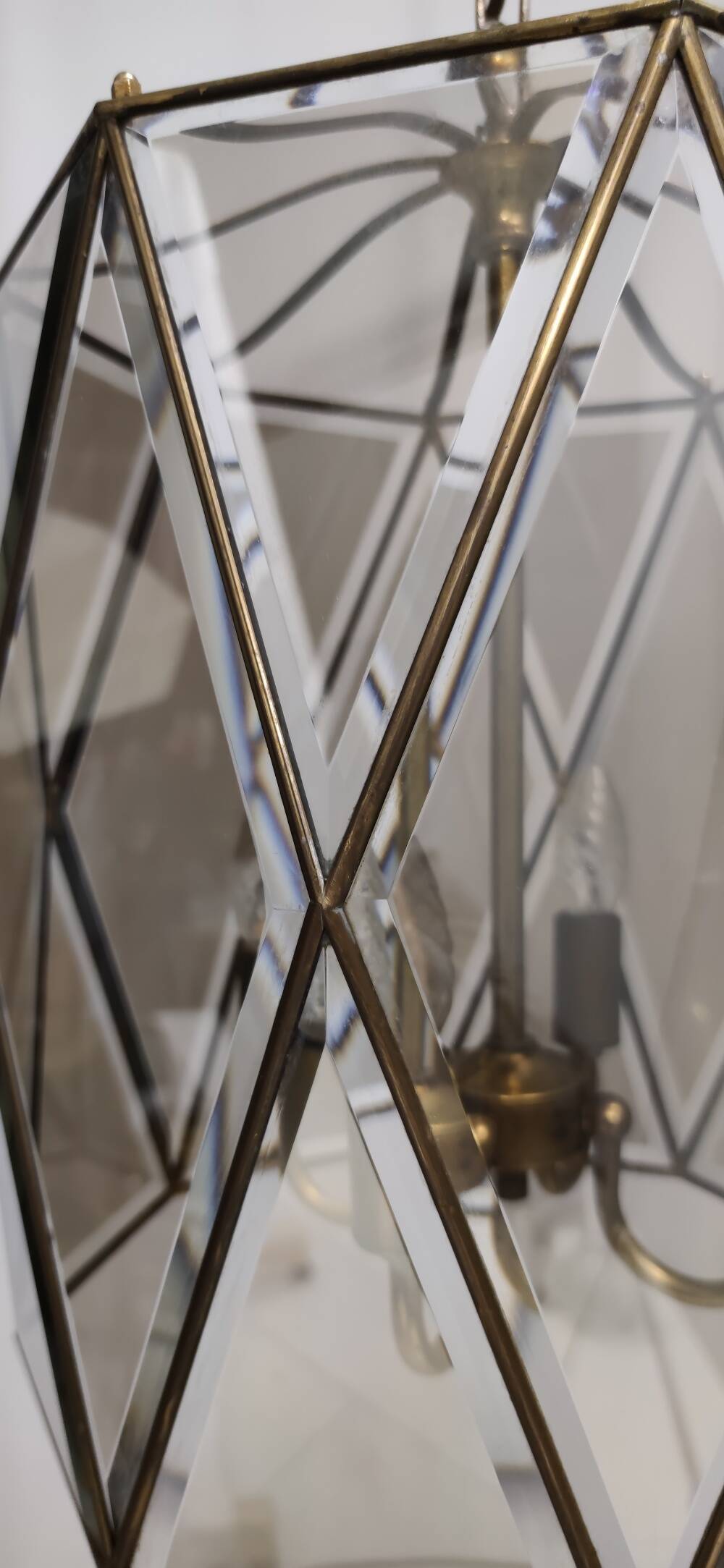 Handmande Octagonal Glass and Brass Pendant Lantern, Italy