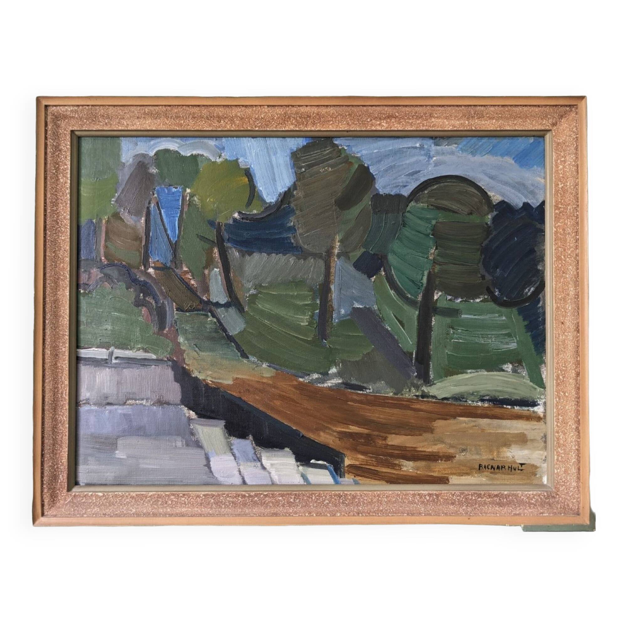 Mid-Century Modern Swedish Oil Painting "Green Park" Vintage Framed Landscape