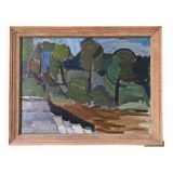 Mid-Century Modern Swedish Oil Painting "Green Park" Vintage Framed Landscape