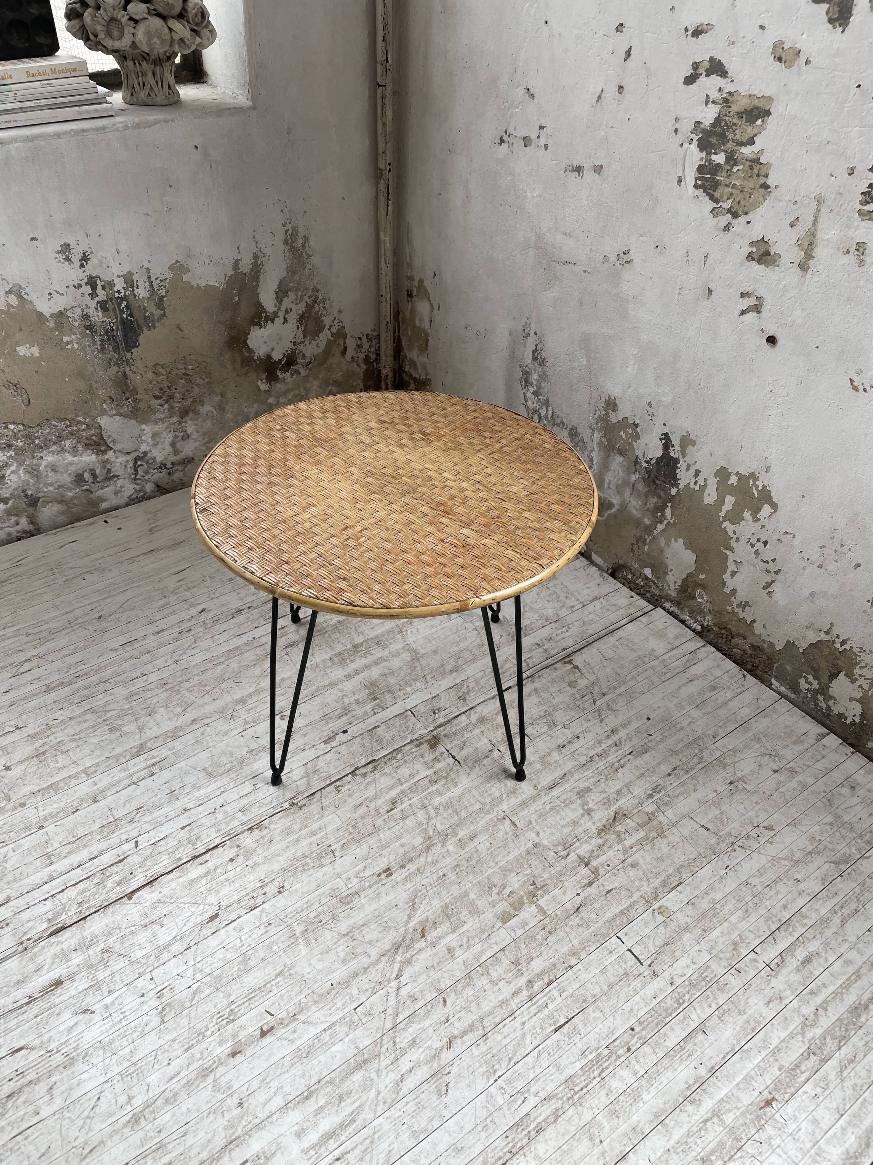 Wicker and metal coffee table from the 1950s