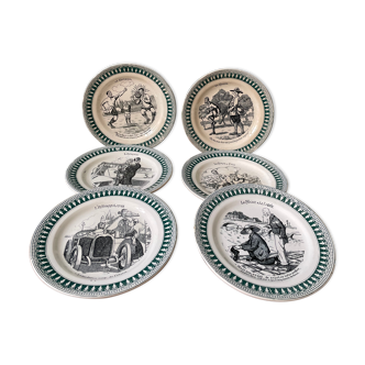 Set of 6 old dessert plates St Amand on the theme of leisure