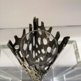 Vase sculpture "Brutalist" in metal with glass vase inside Italy 1970