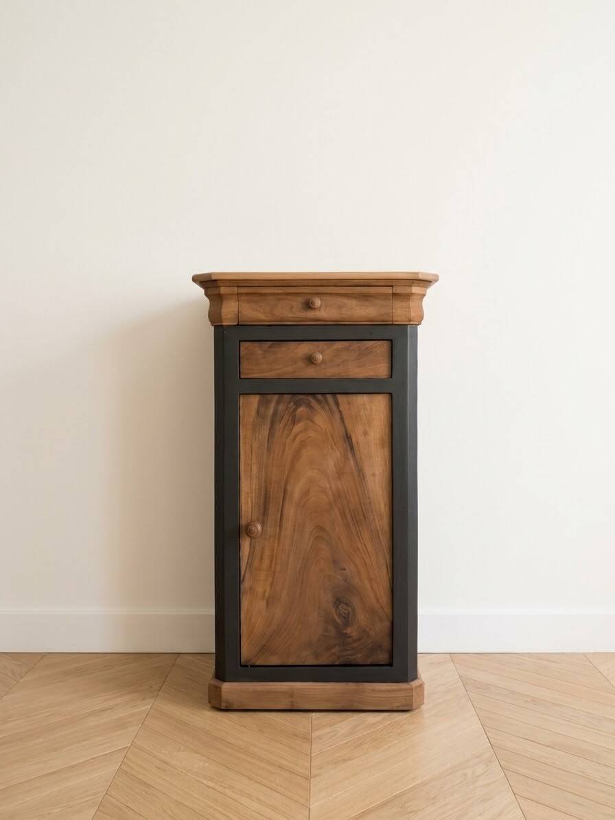 Antique bedside table in walnut and painted wood.