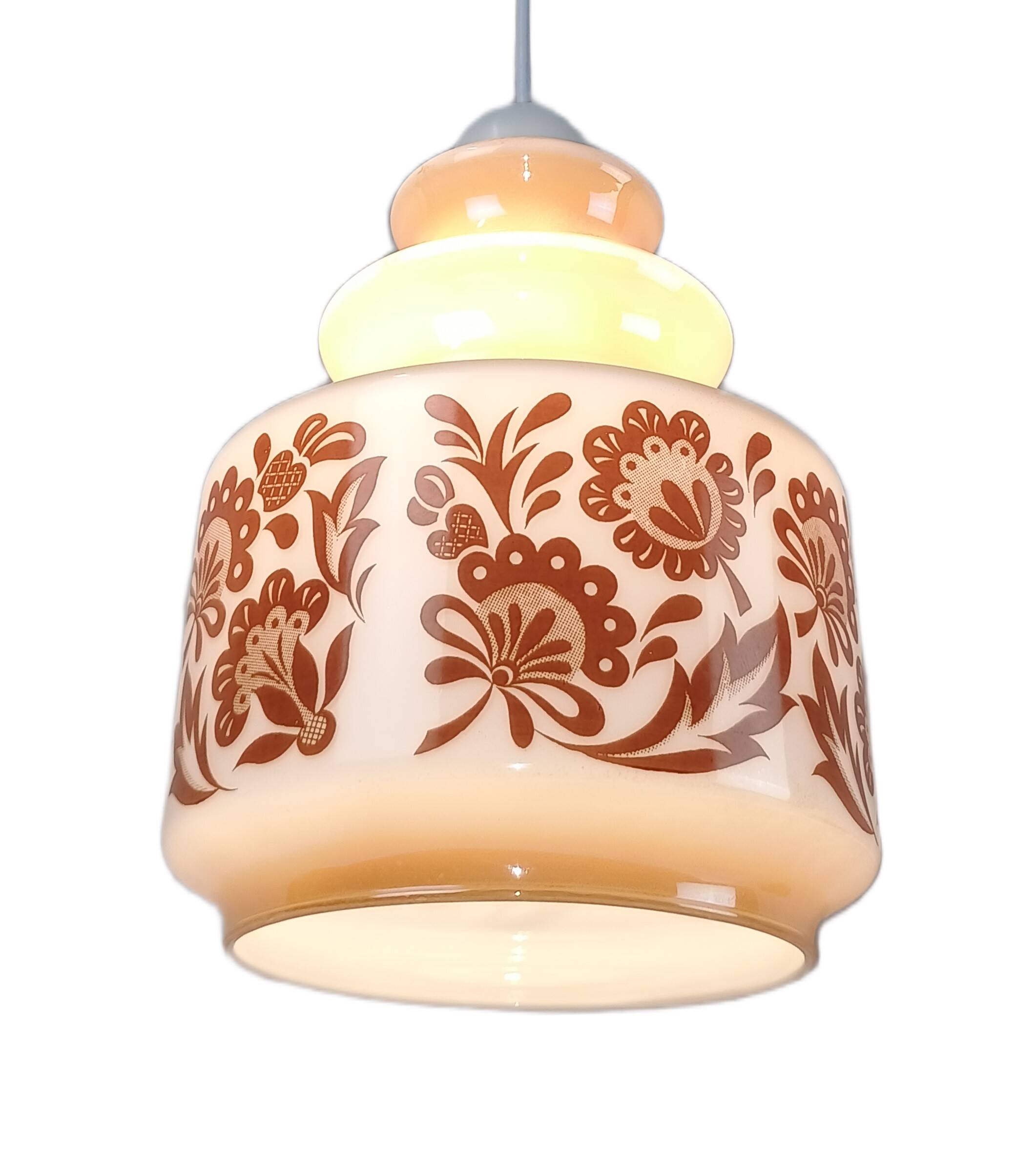Venini Vintage Murano Glass Pendant Light, White and Brown Floral Design, 1950s