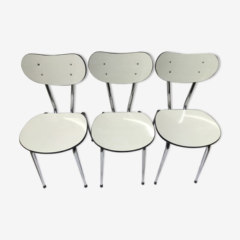 3 Chaises Formica blanc veiné de beige années 50