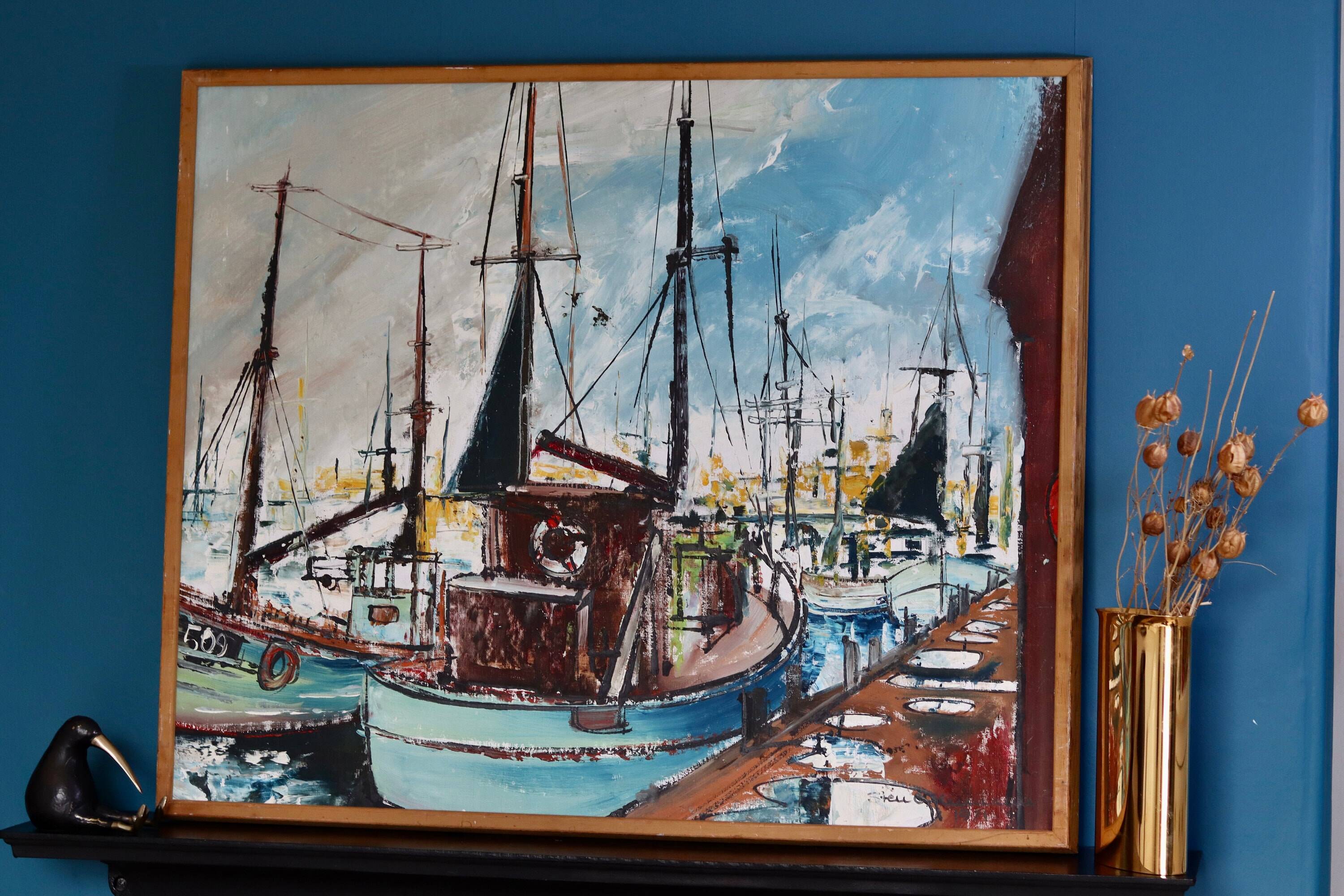 Original Swedish oil on canvas from the mid-century "Marina" by Steu (1971) - Framed