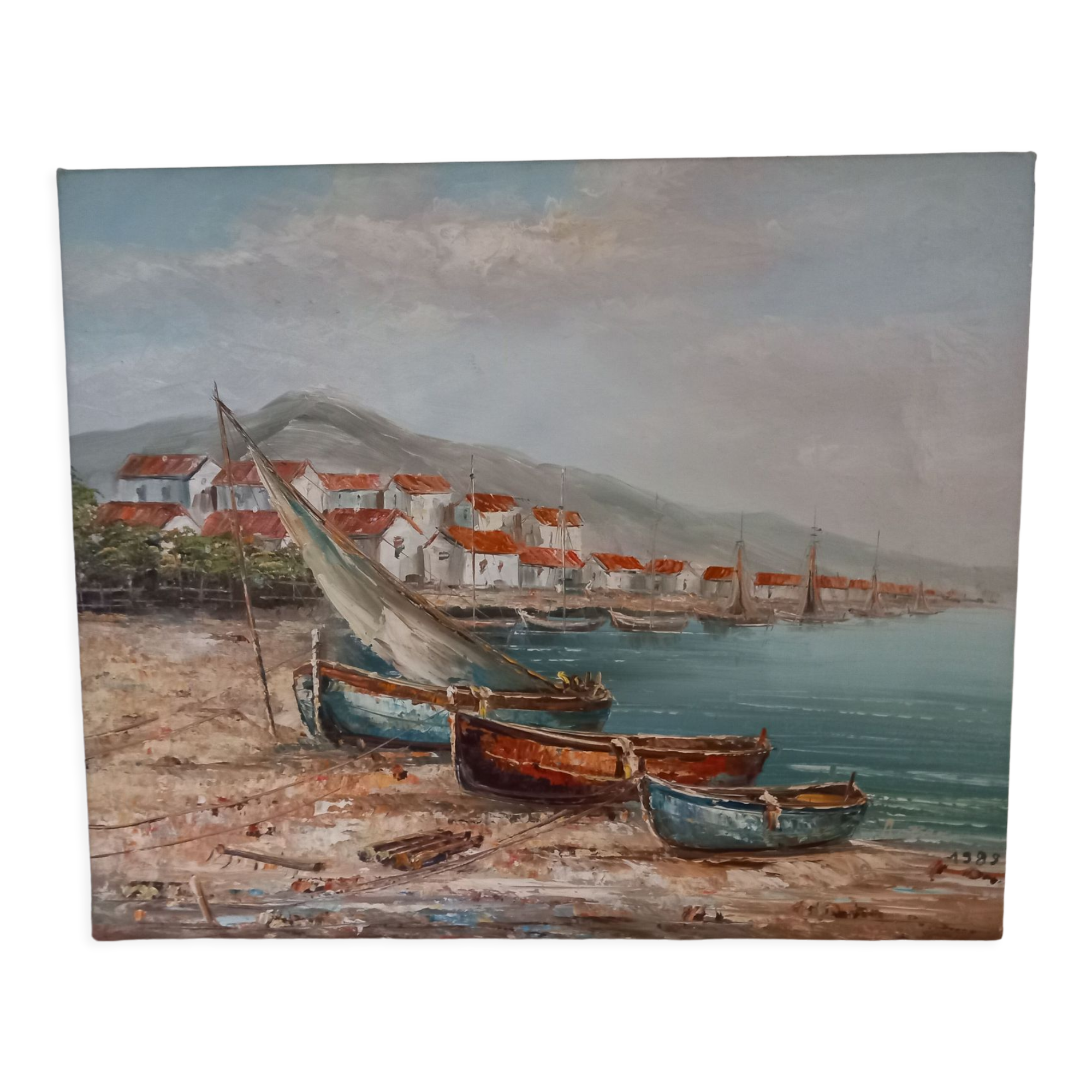 Oil on canvas signed-boats on the beach