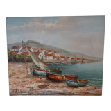 Oil on canvas signed-boats on the beach