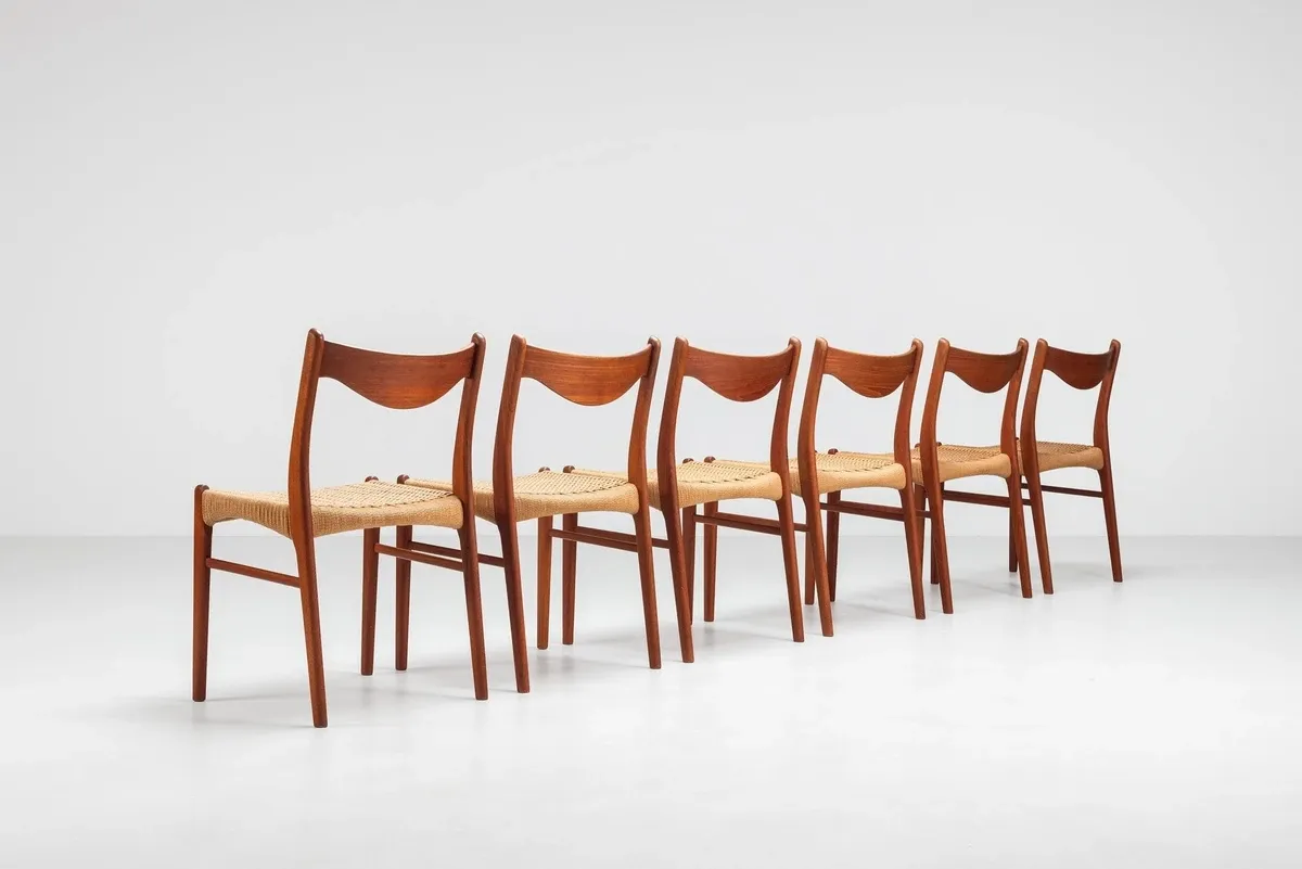 Arne Wahl Iversen set of six teak dining chairs Glyngore Denmark 1960