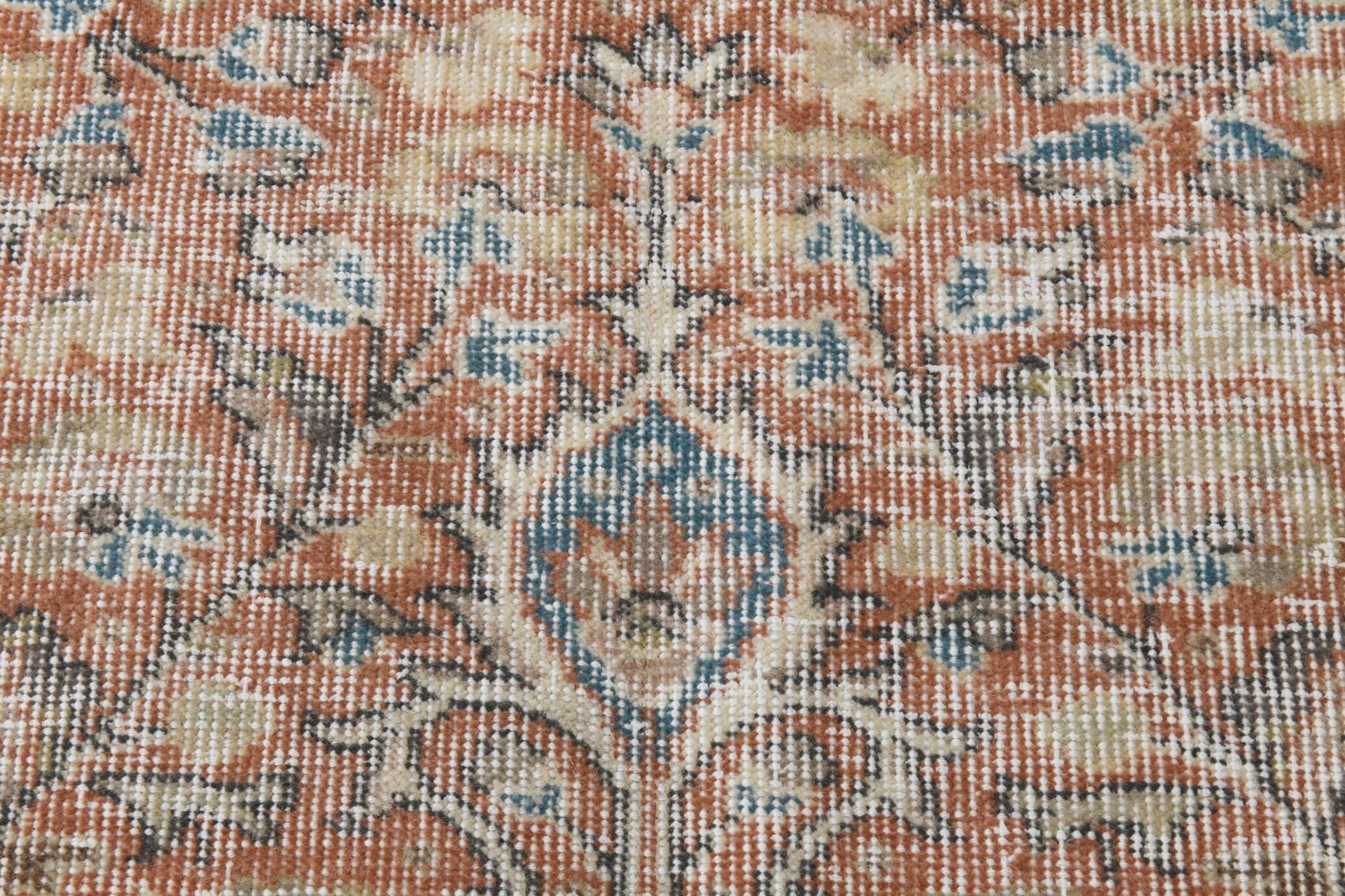 Tapis Persan Ancien – Fait Main Vintage à Médaillon, Tons Bleu et Brique