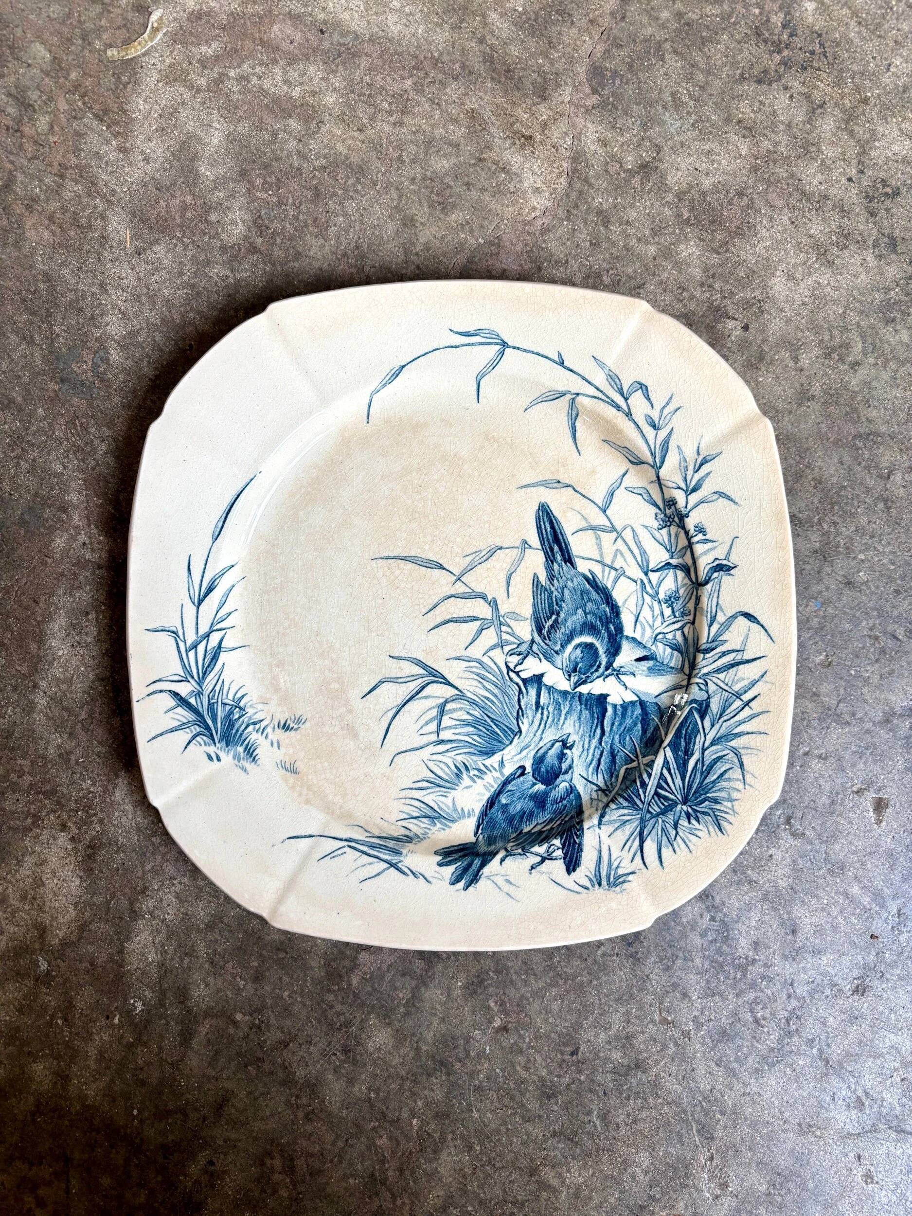 Blue ironstone plate from Gien, "Birds" service, circa 1870, no. 5.