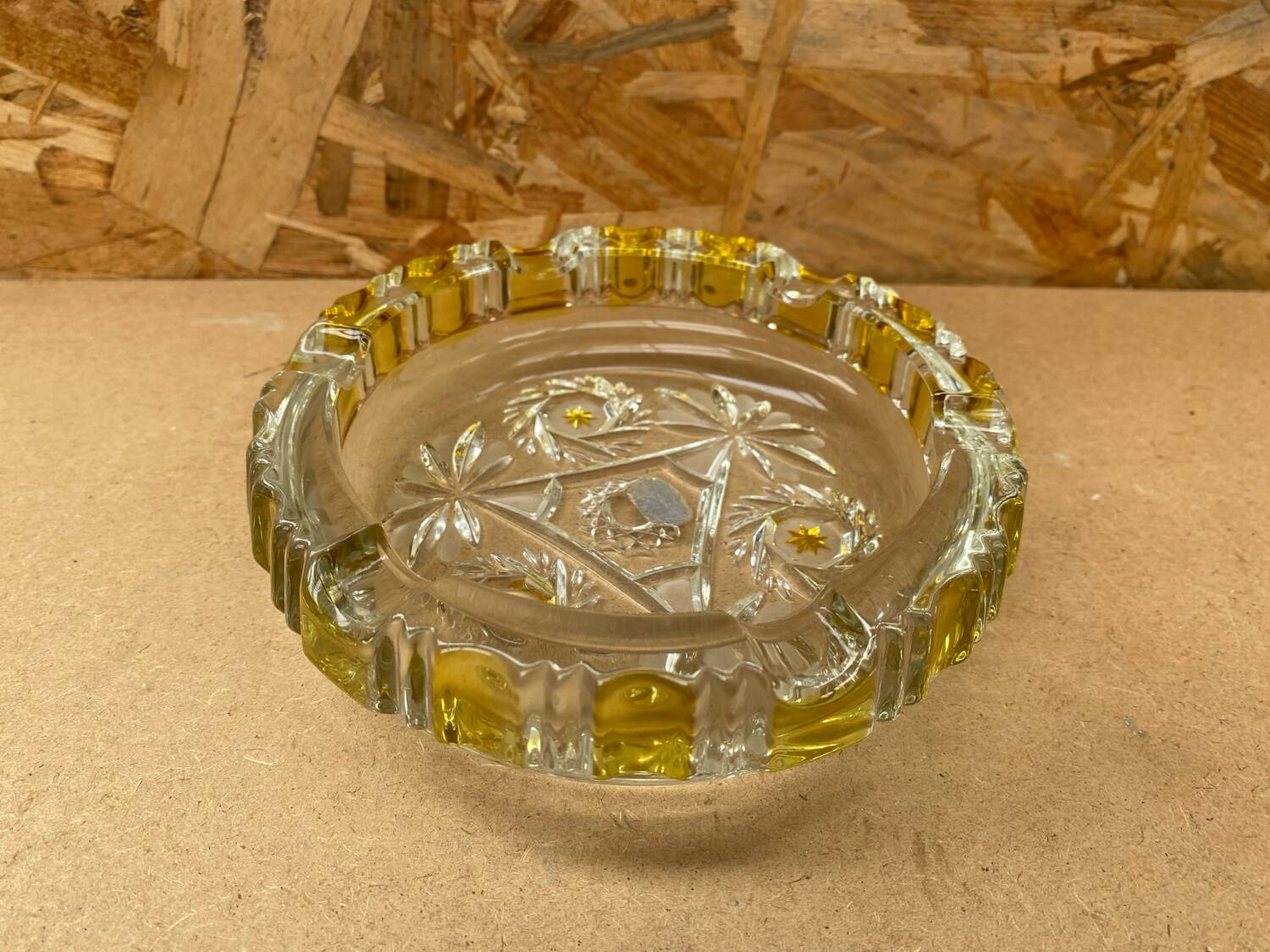 Antique Vintage Clear & Yellow Glass Ashtray