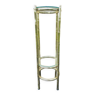 Guéridon vintage à 2 niveaux faux bambou en laiton et verre