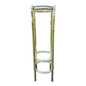 Vintage faux bamboo pedestal table in brass with 2 glass shelves