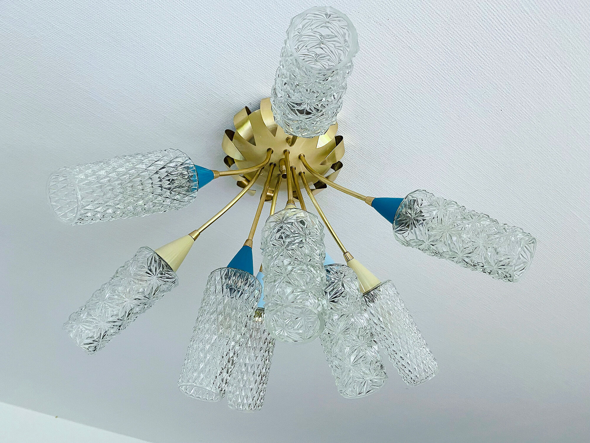 plafonnier lampe vintage, annees 50, verre laiton, bleu beige or