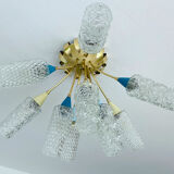 plafonnier lampe vintage, annees 50, verre laiton, bleu beige or