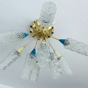 plafonnier lampe vintage, annees 50, verre laiton, bleu beige or