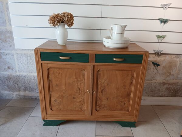 Buffet en loupe d'orme relooké vert et bois