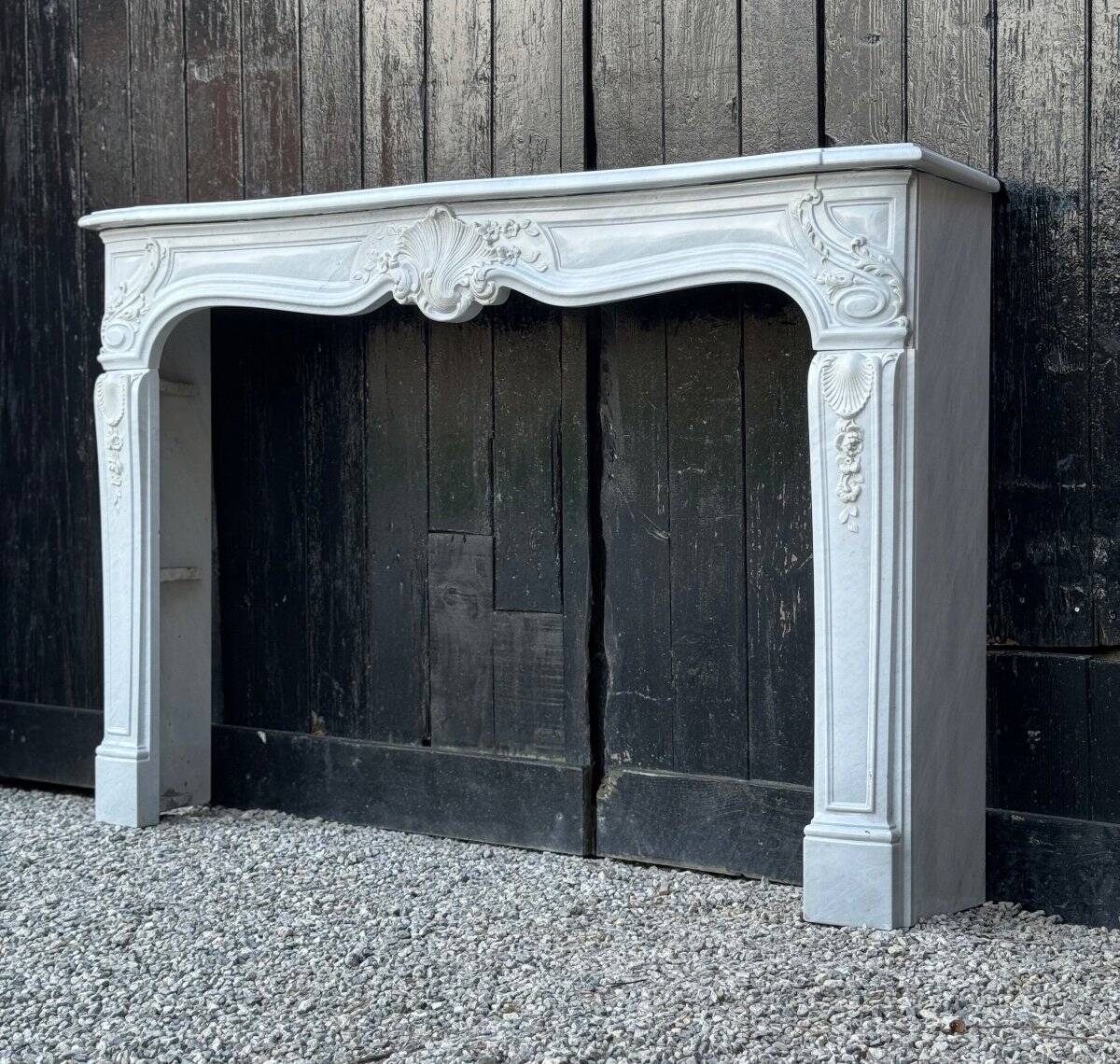 Louis XV style fireplace in grey and white Carrara marble circa 1980