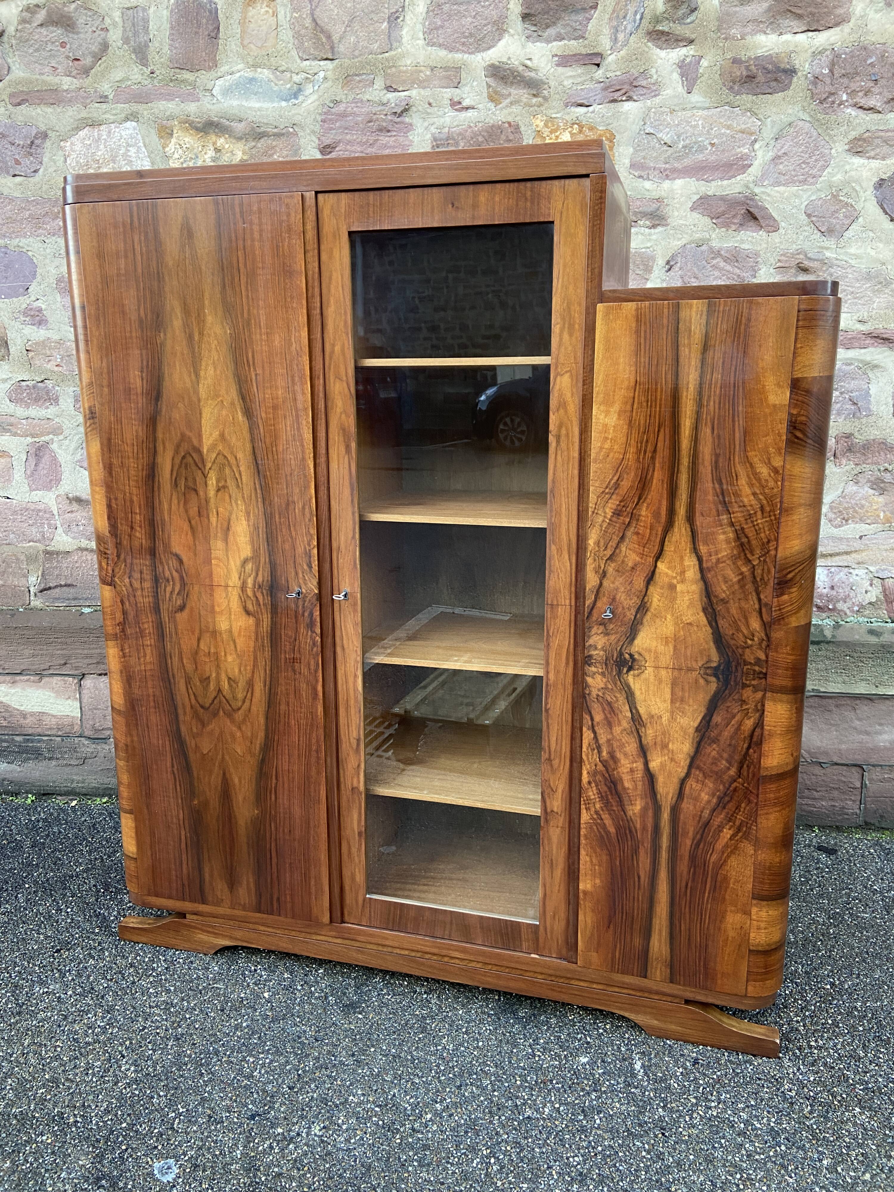 Mid-century art-deco library display case vintage 1950 burl walnut