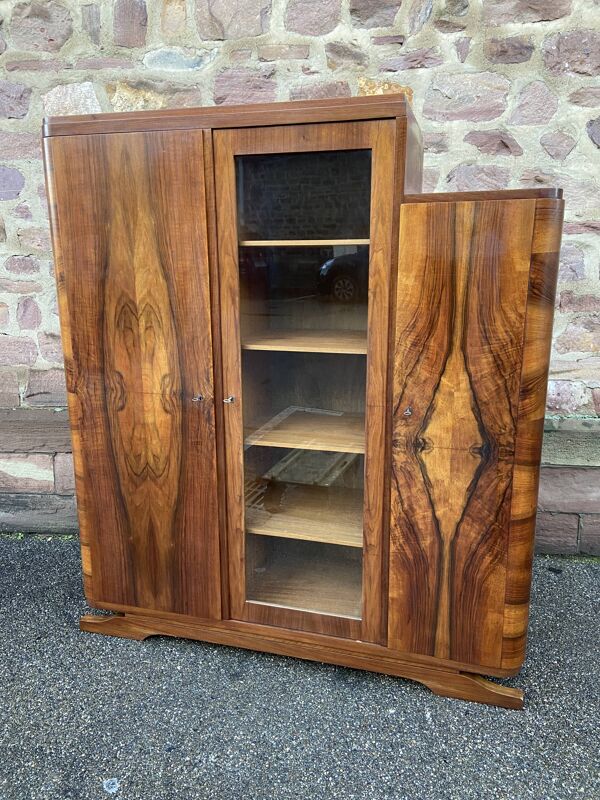 Vitrine bibliothèque art-déco mid-century vintage 1950 ronce de noyer