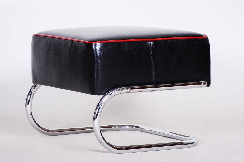 Bauhaus Stool in Leather and Chrome-Plated Steel from R. Slezák, Czech, 1930s