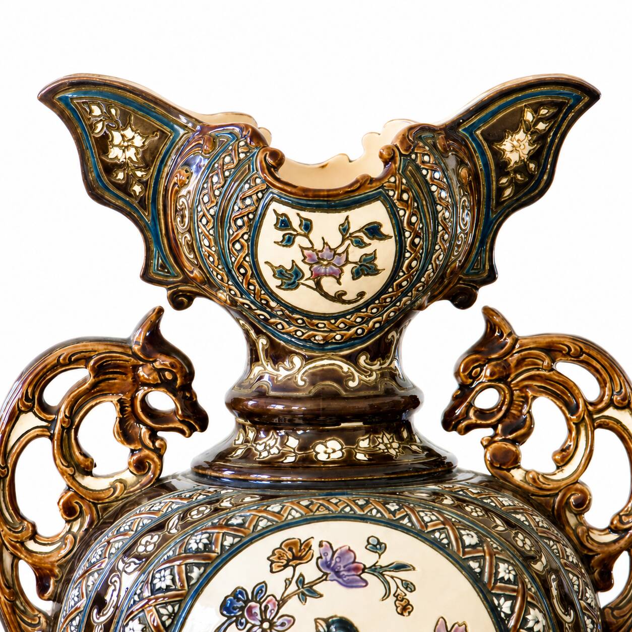 Paire de vases balustres en majolique de 1885 signés Gerbing & Stephan