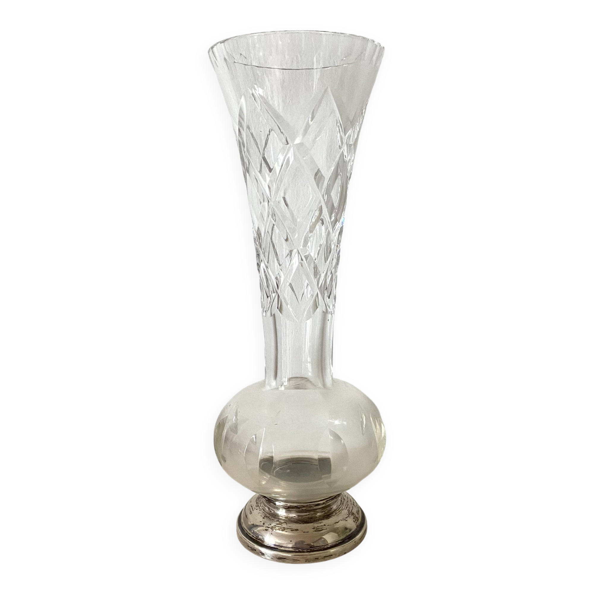 Vase tulipe en cristal ciselé  et argent 23 cm