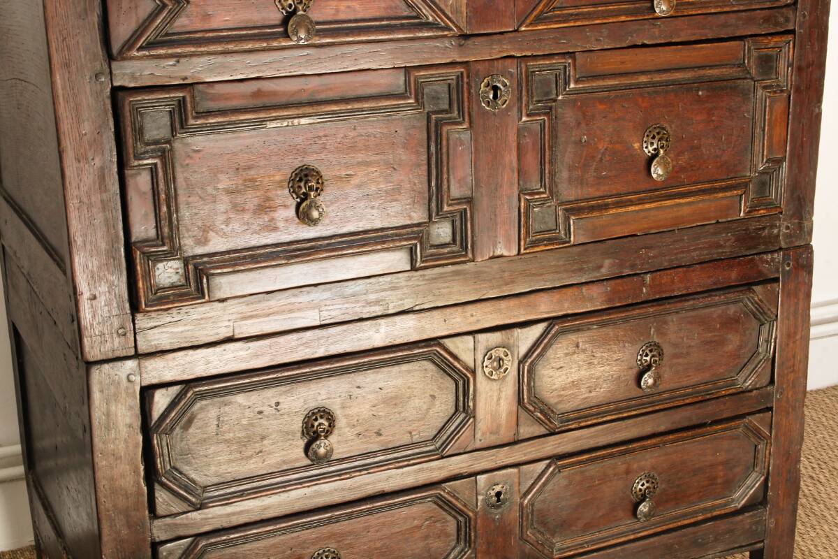English chest of drawers; Charles II period, oak