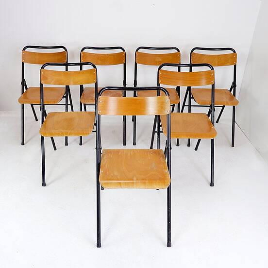 Vintage Set of 7 folding chairs in metal and wood - 1960s