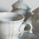 Set of seven covered pots and tray old white slurry nineteenth
