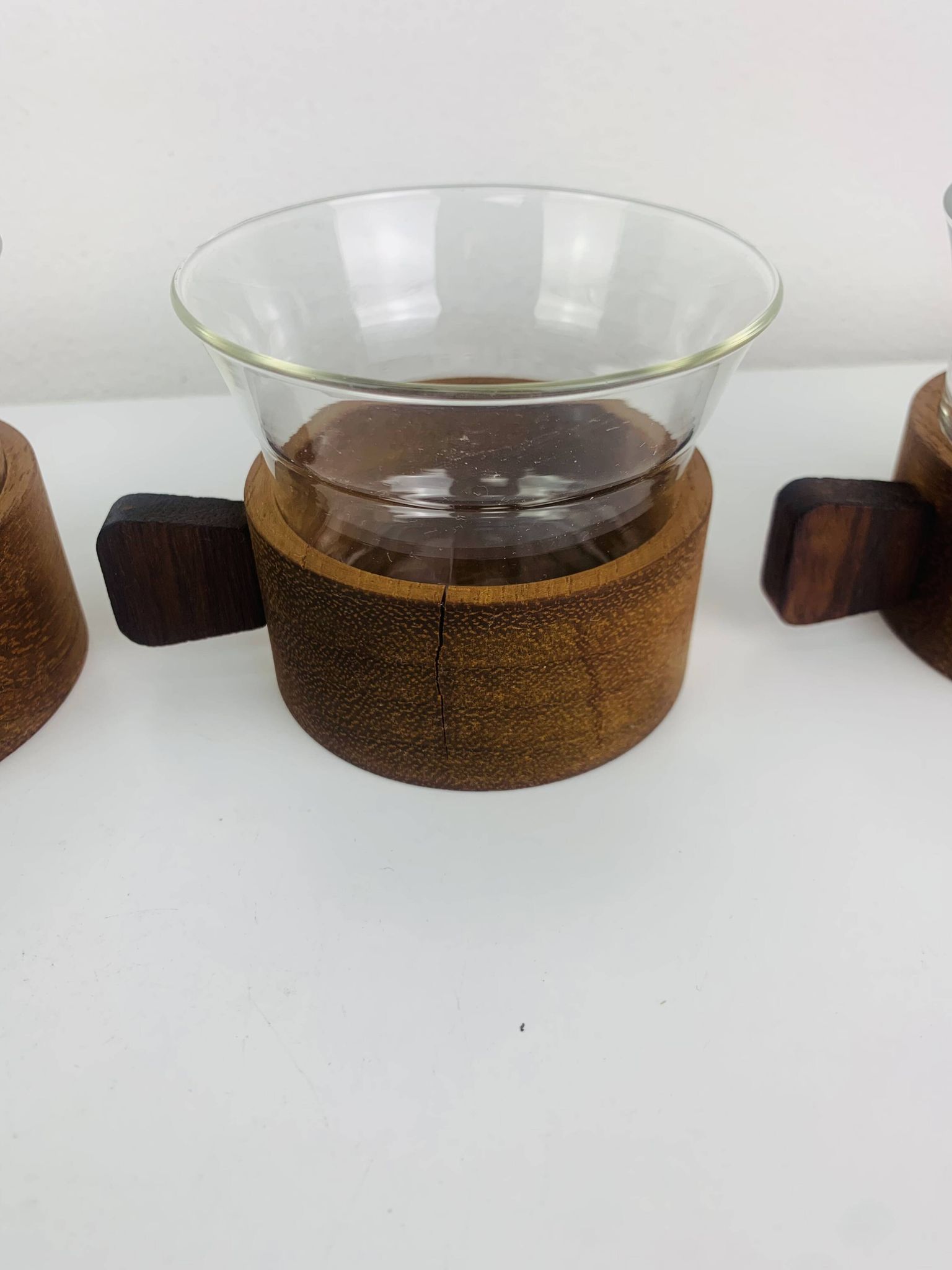 4 teak and glass cups in Scandinavian style by Schott Mainz Jena Glas, 60s