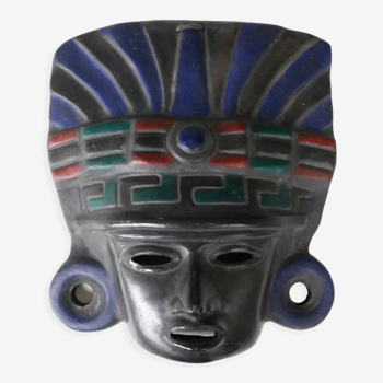 Masque Maya noir en terre cuite, années 70