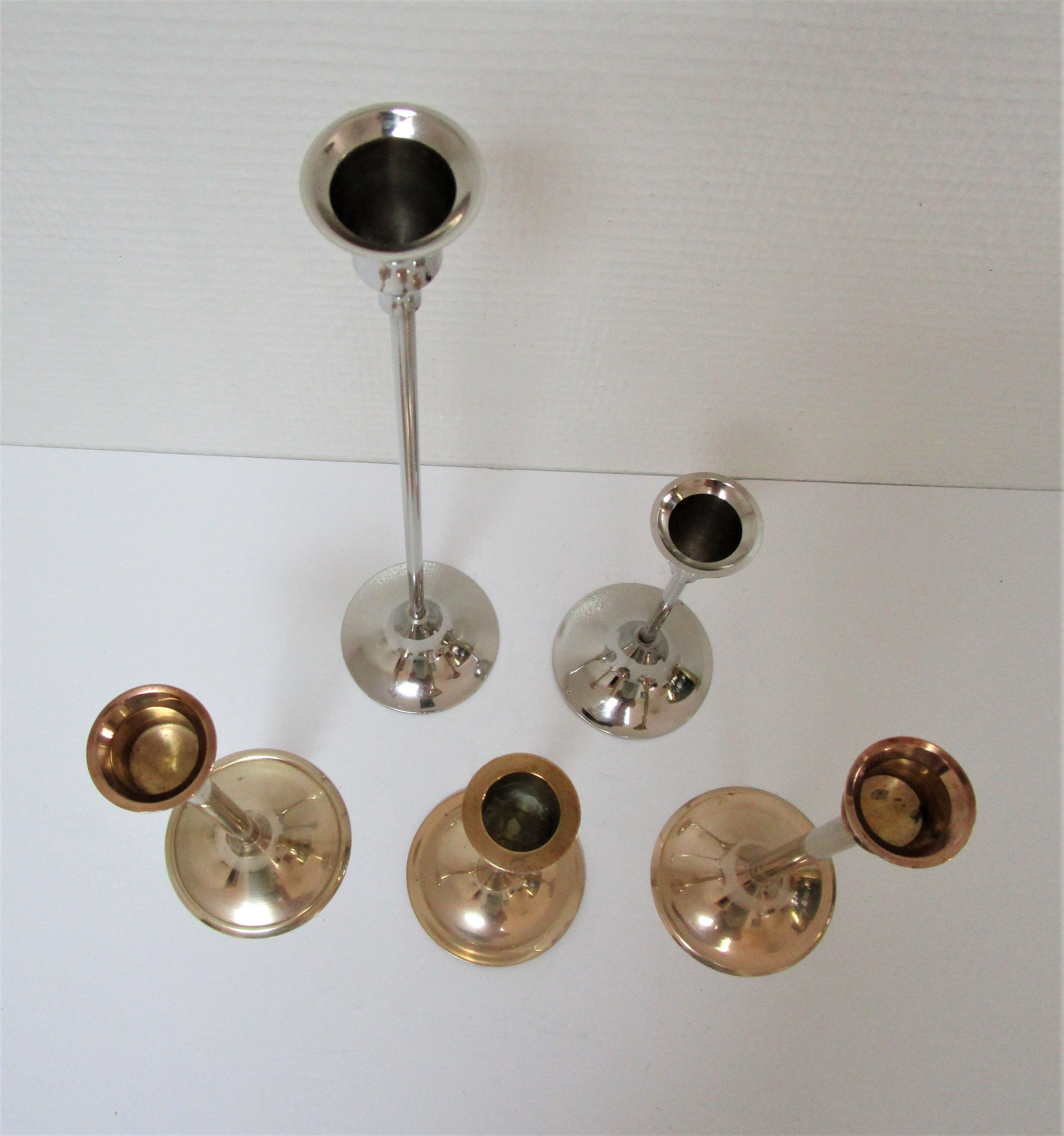 Five gold brass candlesticks and chrome brass vintage scandinavian design
