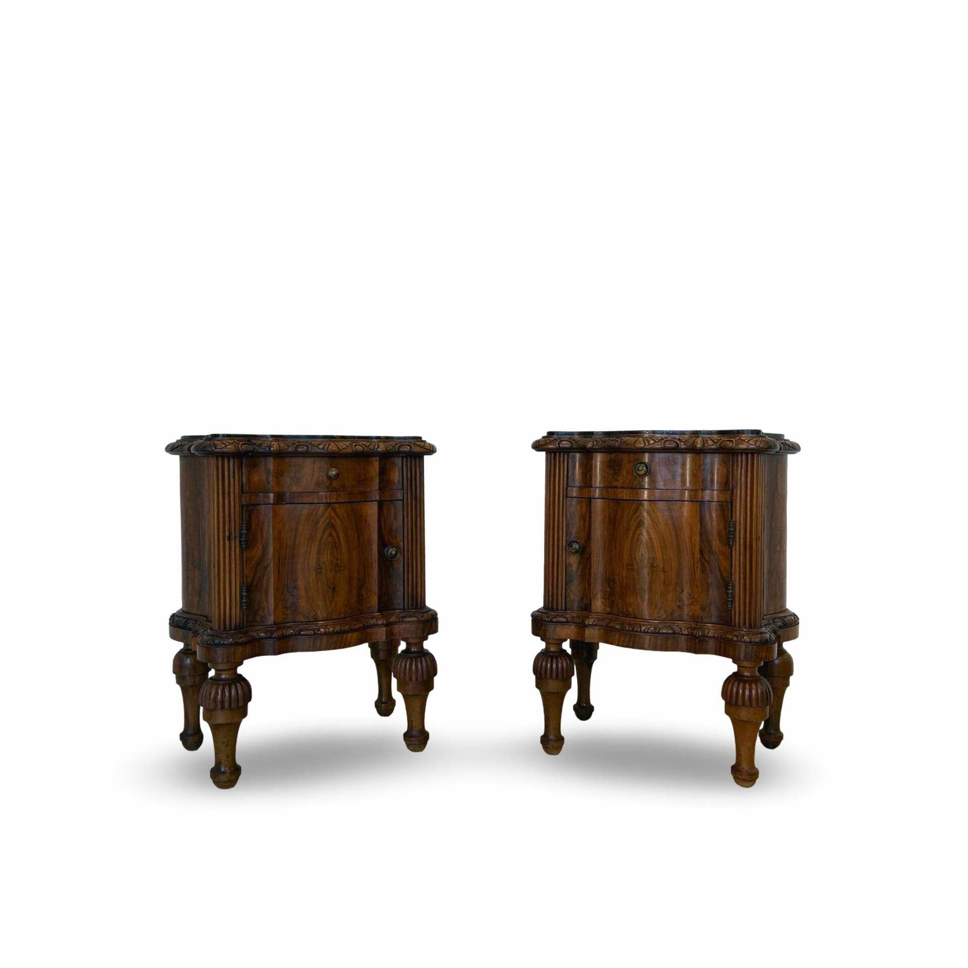 art deco walnut serpentine nightstands, 1920s