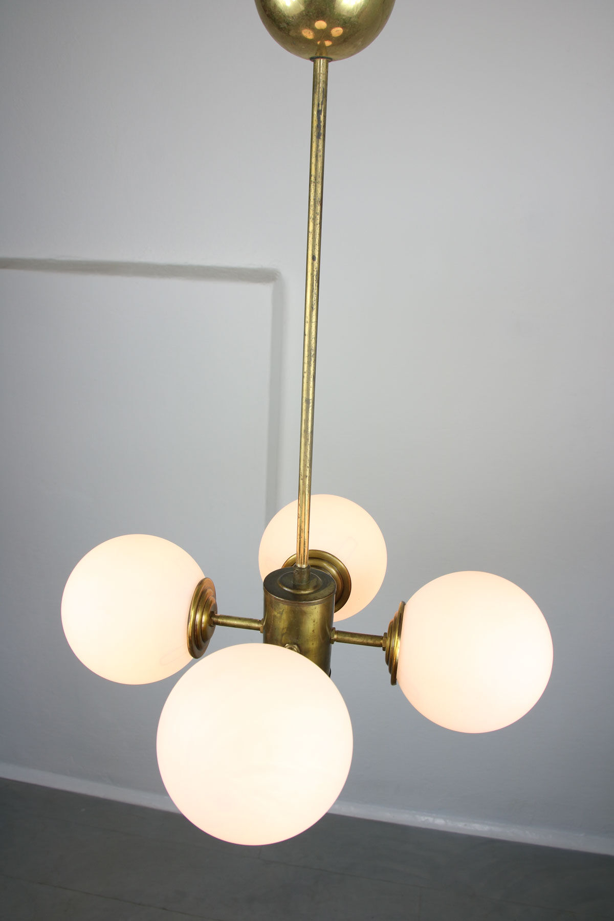 Mid-century Brass and Opaline Chandelier